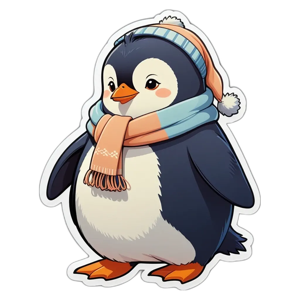 A penguin wearing a scarf is standing on a black background.