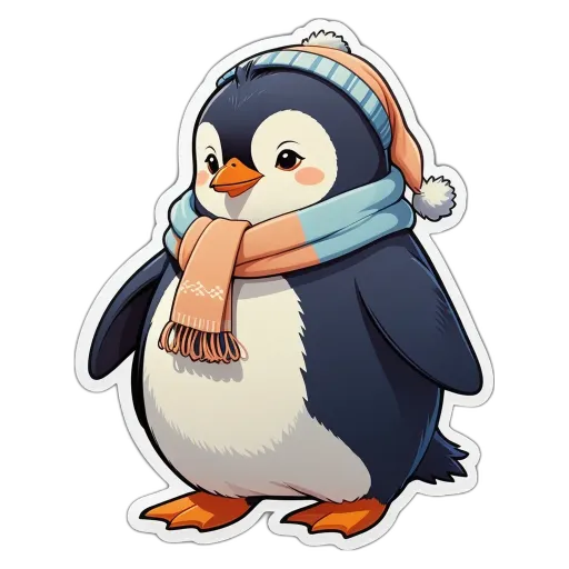 A penguin wearing a scarf is standing on a black background.