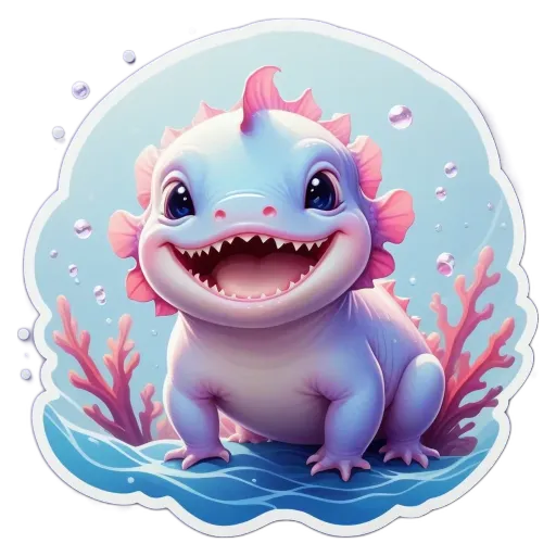 A cartoonish white frog sitting in the ocean with coral.