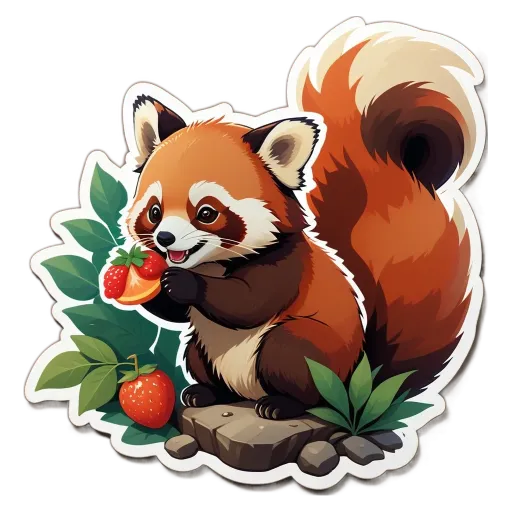 A cartoon image of a fox eating a strawberry.