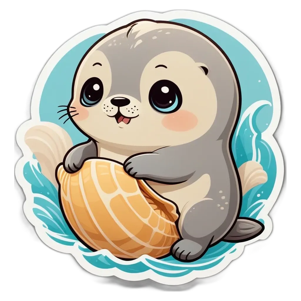 A cute sea animal sticker with blue eyes is sitting on a shell.