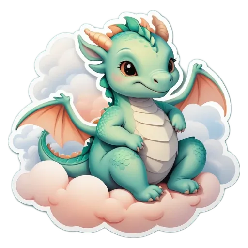 A dragon sitting in a cloud with its eyes open.