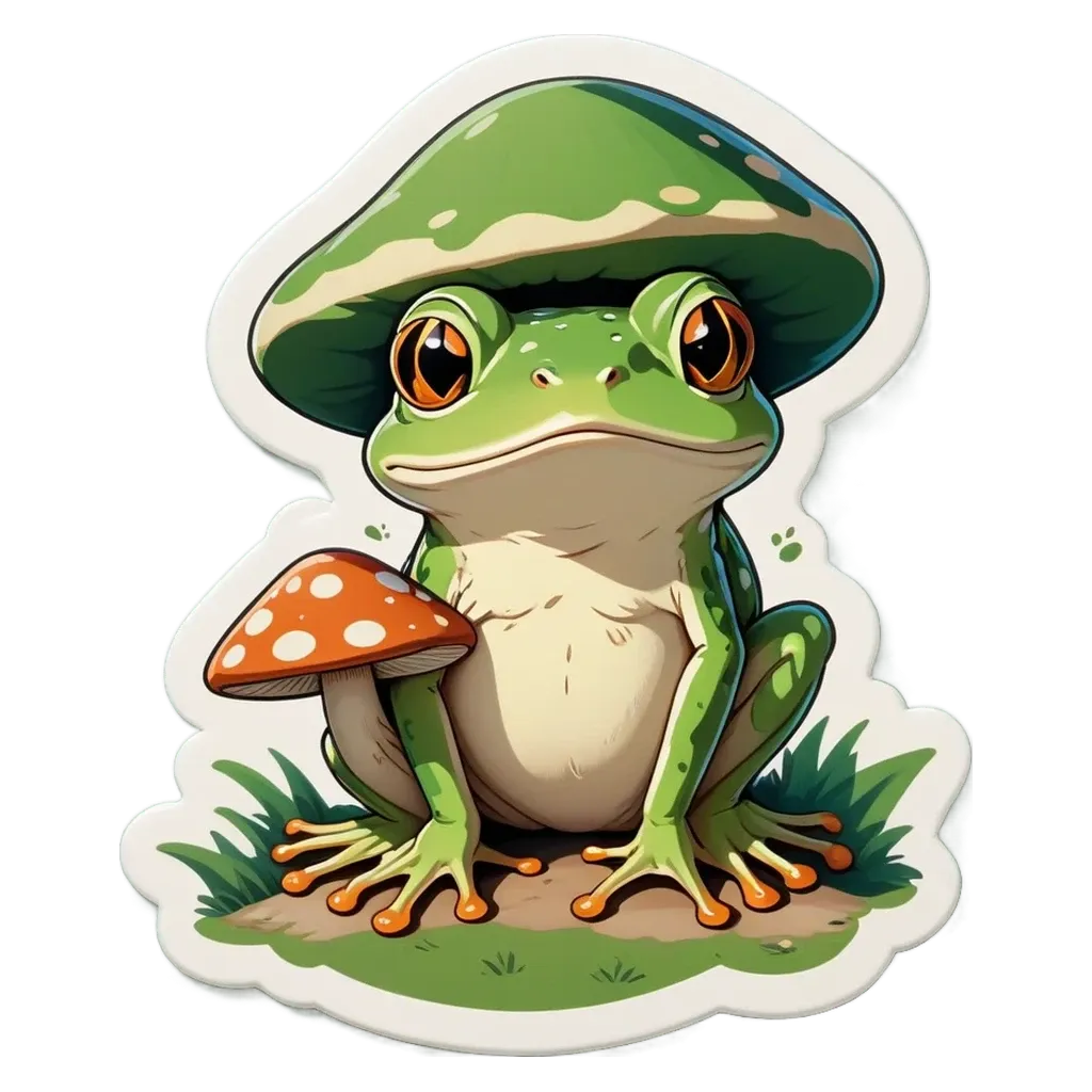 A frog sitting on a mushroom with eyes and a mouth.