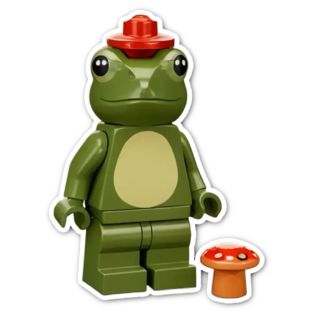 A lego frog with a mushroom for a nose.