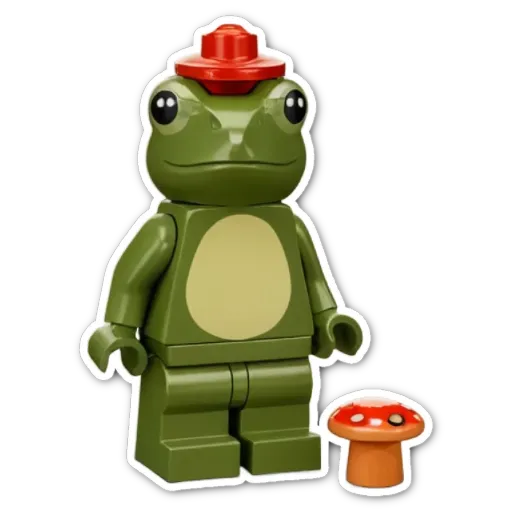 A lego frog with a mushroom for a nose.