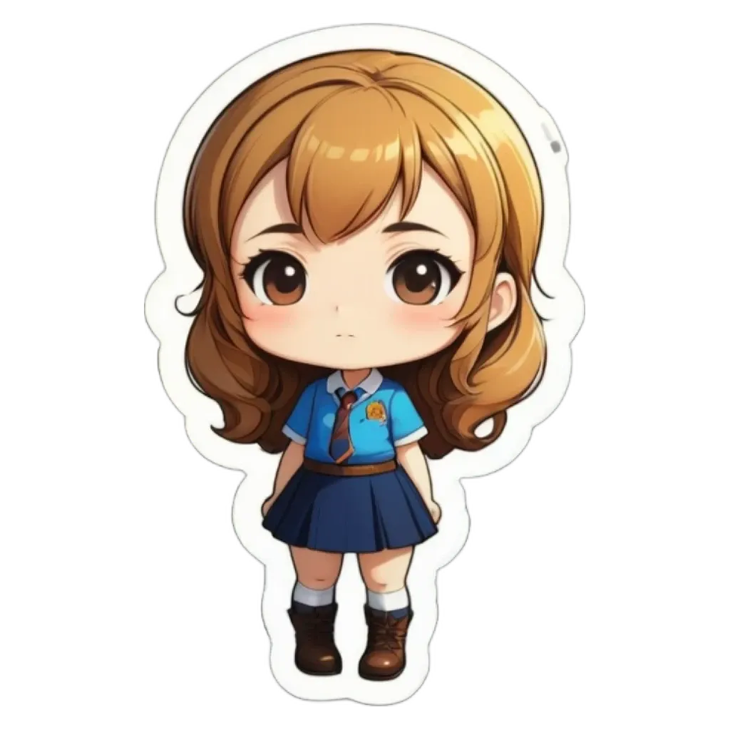 A girl with a sticker of her school uniform.