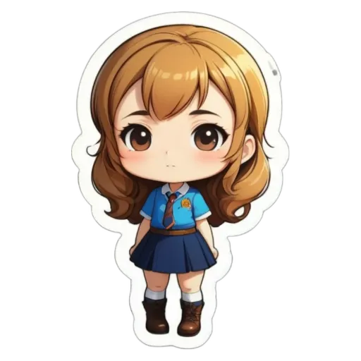 A girl with a sticker of her school uniform.