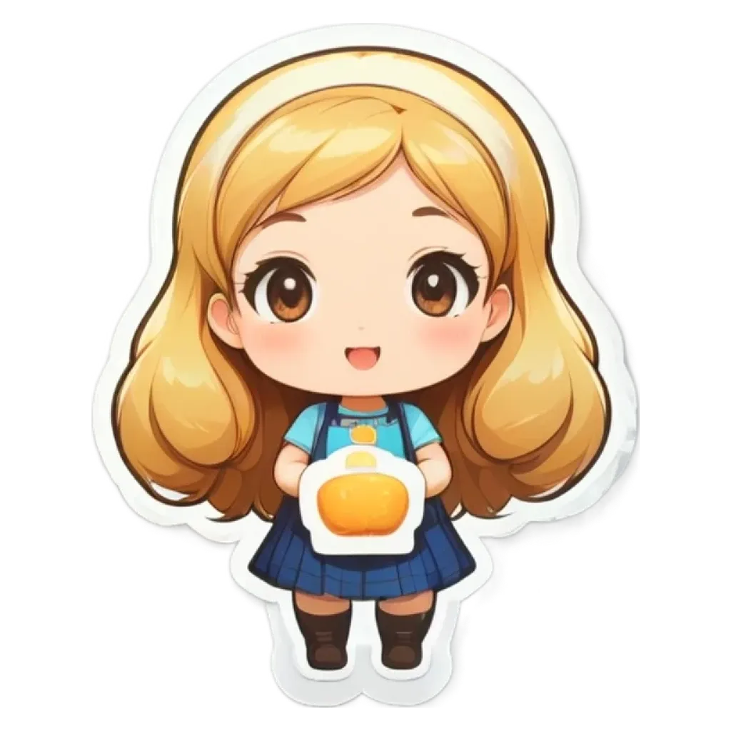 A girl wearing a blue skirt holds a slice of bread in her right hand.