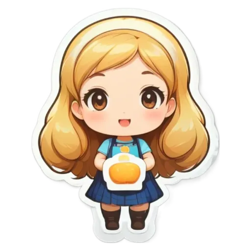 A girl wearing a blue skirt holds a slice of bread in her right hand.