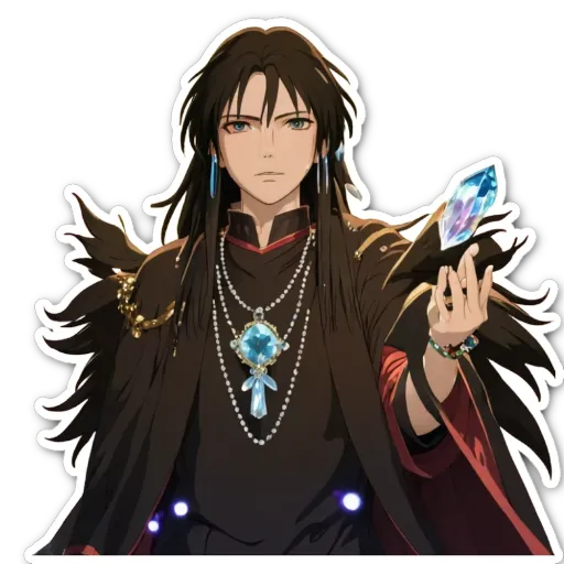 A boy with long hair holding a crystal is painted in black, with a black and white background.