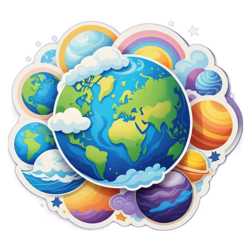 A round sticker of the earth with other planets and stars.