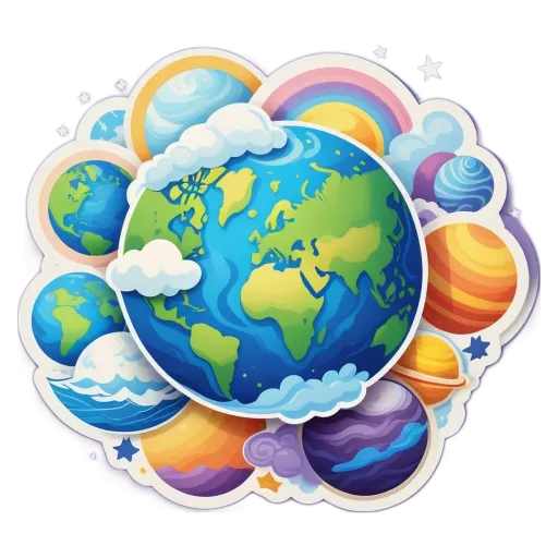 A round sticker of the earth with other planets and stars.