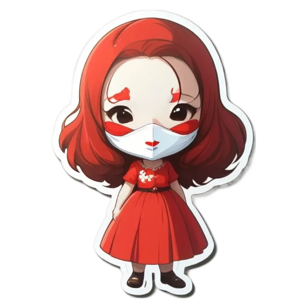 A girl with a face mask on is standing in a red dress.