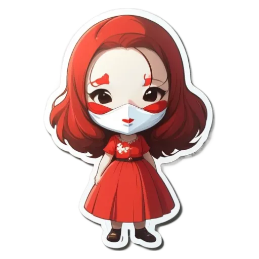 A girl with a face mask on is standing in a red dress.