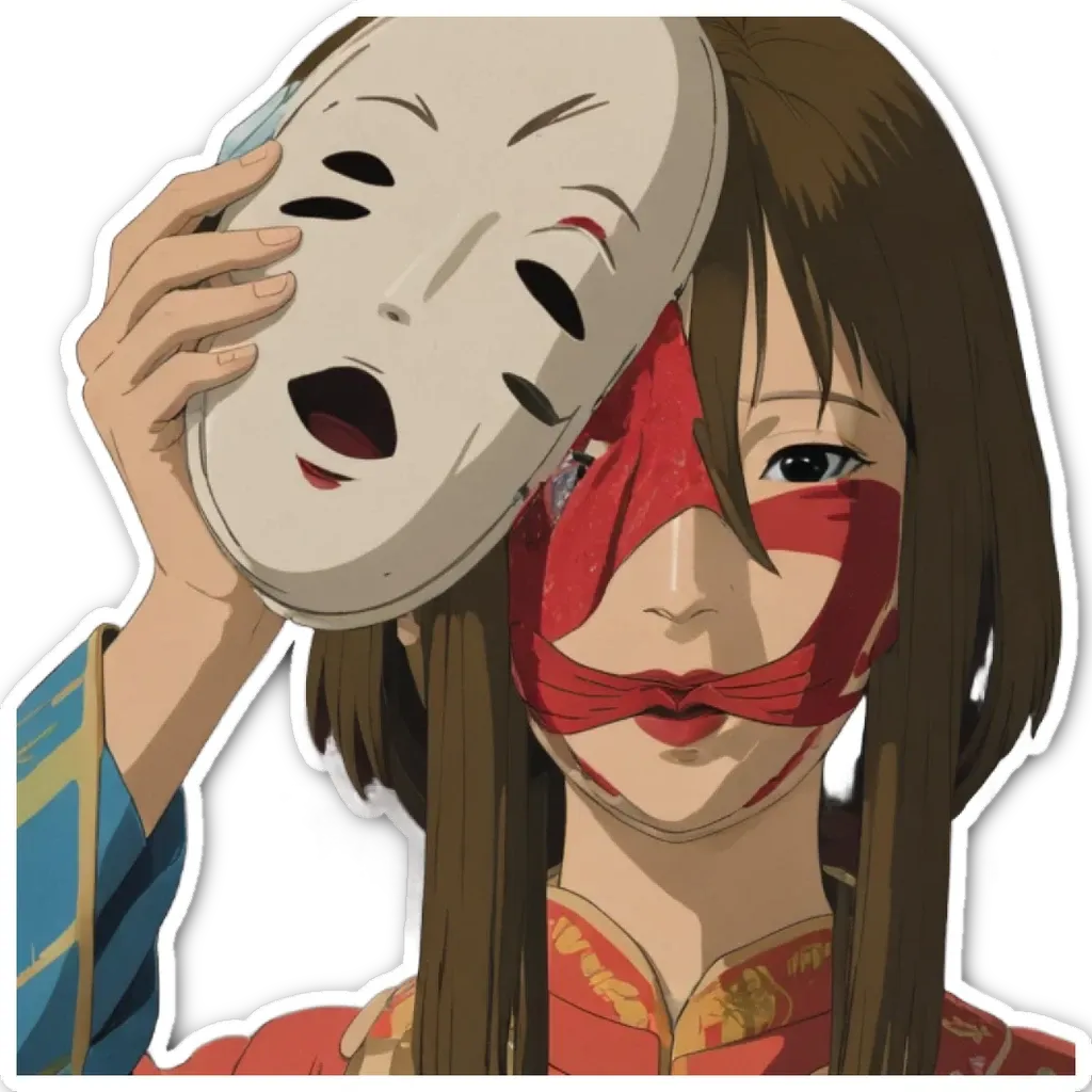 A woman holding a mask on a black background.