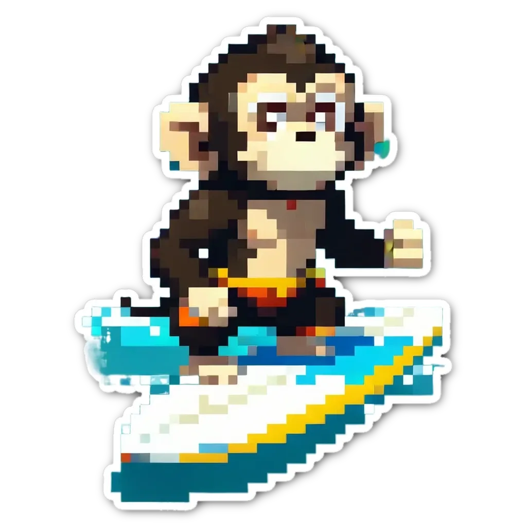 A sticker of a monkey riding a wave on a surfboard.