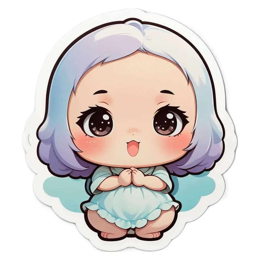 A girl with a sticker on her that is a anime character.