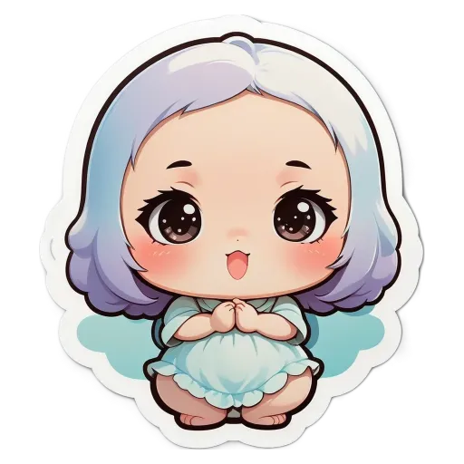 A girl with a sticker on her that is a anime character.