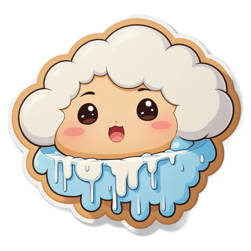 A cartoon character in the shape of a cloud with white and blue icing.