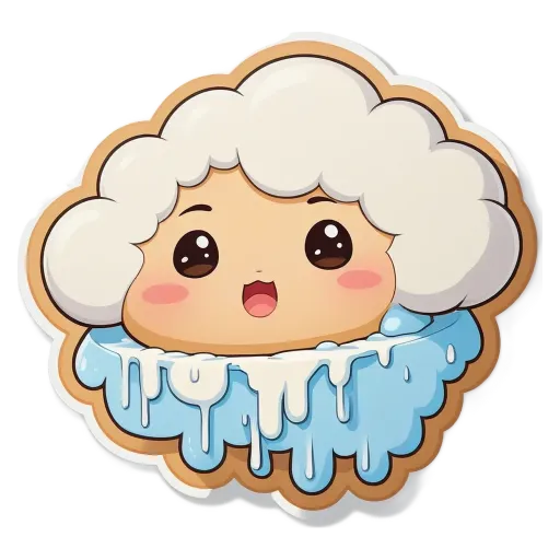 A cartoon character in the shape of a cloud with white and blue icing.