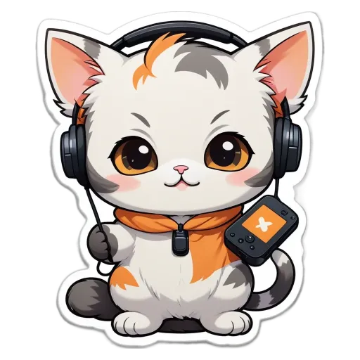 A cartoon cat listening to music with headphones.