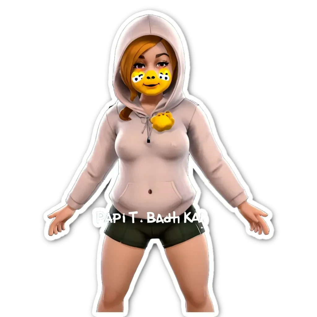 A person wearing a white hoodie and blue shorts with yellow dots on the face.