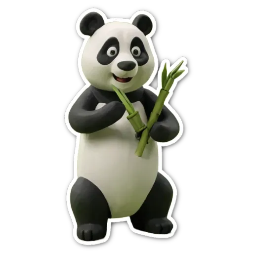 A panda bear holding bamboo in his left hand and standing on his left leg.