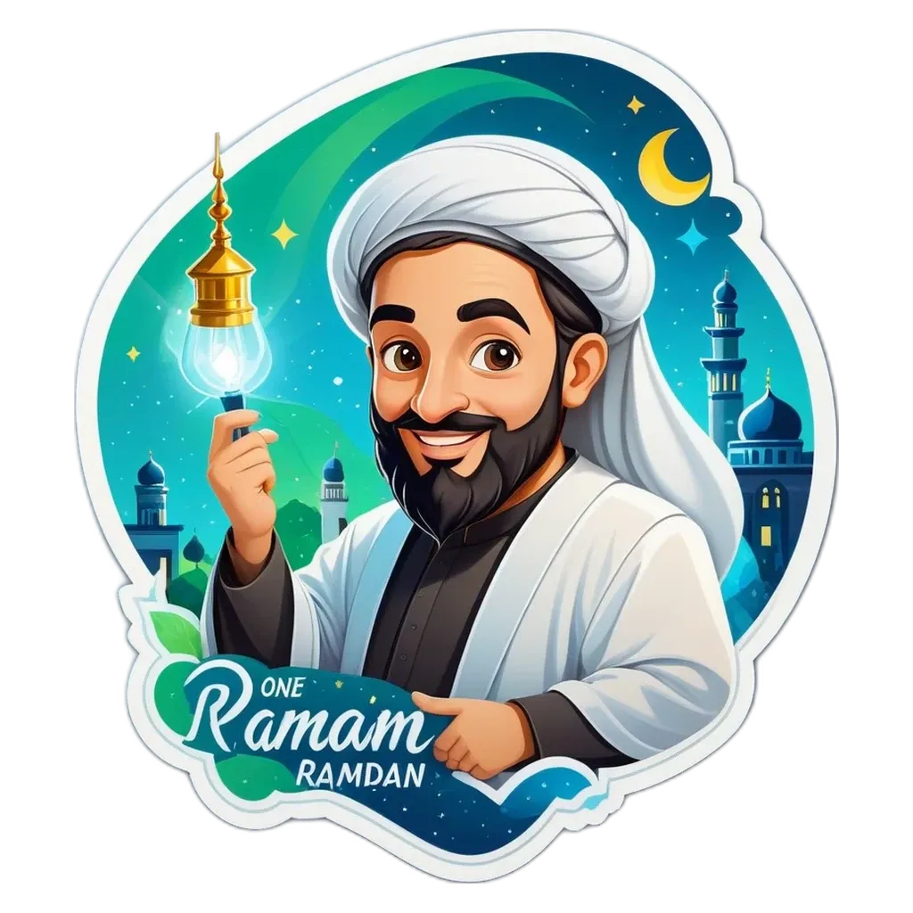 A sticker of a man holding a lamp that says One Raman.