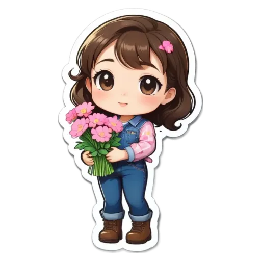 A girl wearing blue jeans and a pink top holding flowers.