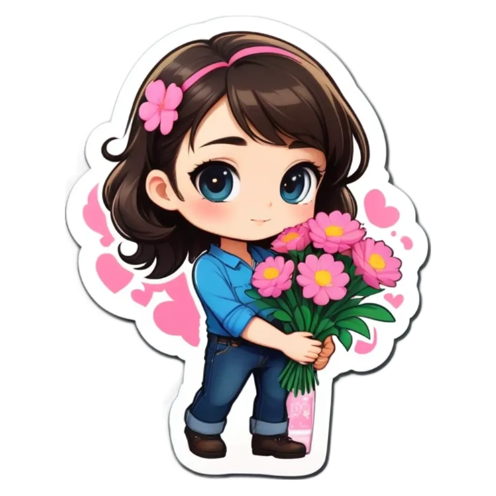 A girl wearing blue jeans and a blue shirt holding pink flowers.