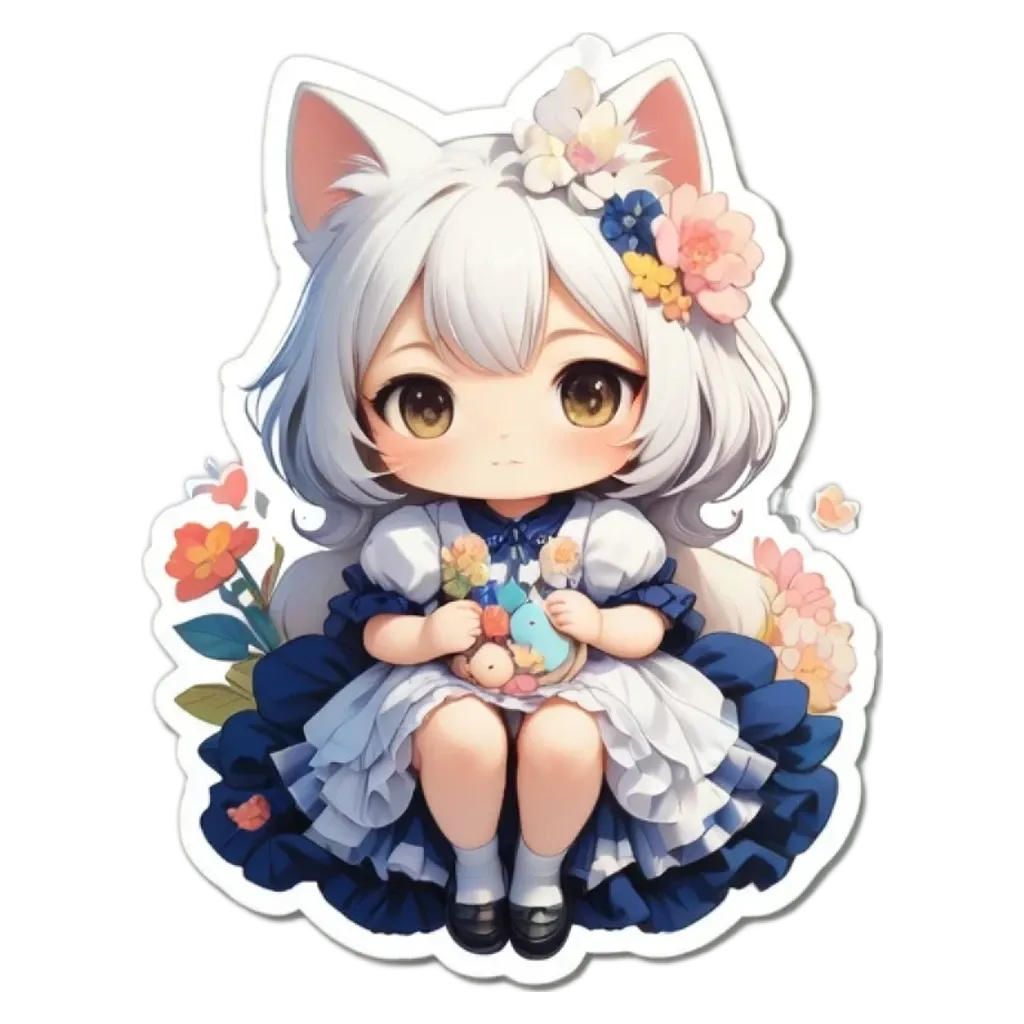 A girl with a blue and white dress holding a bird.