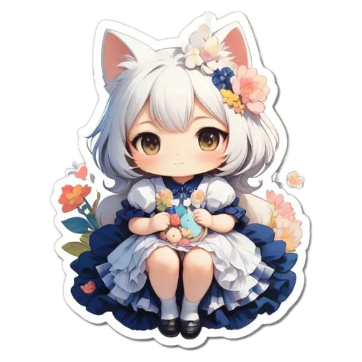 A girl with a blue and white dress holding a bird.