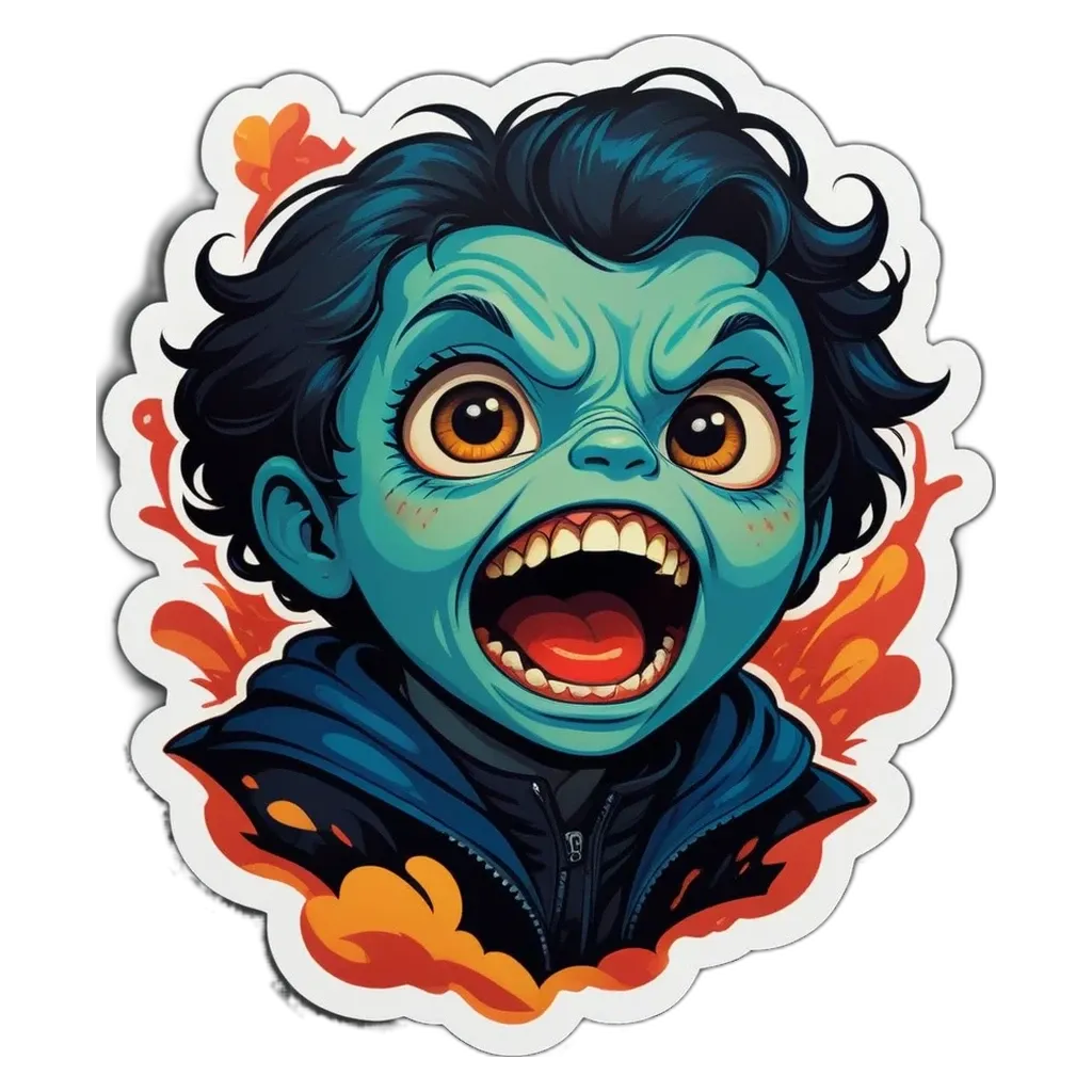 A sticker of a boy with teeth that are wider than his mouth.