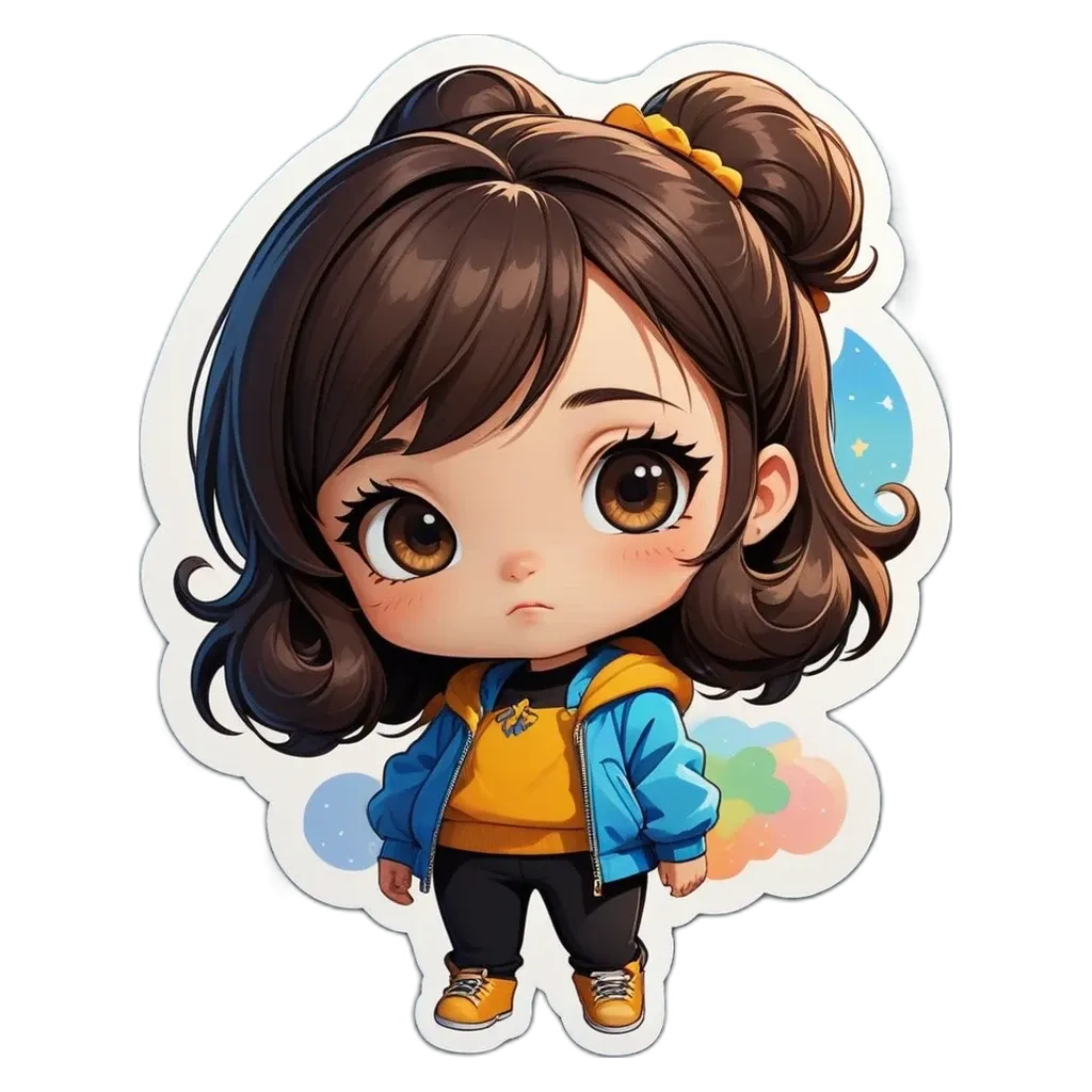 A girl with a blue jacket and yellow shirt is standing on a black background.