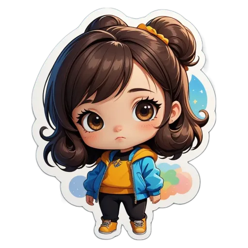 A girl with a blue jacket and yellow shirt is standing on a black background.