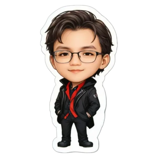 A boy wearing glasses and a suit with a red tie.