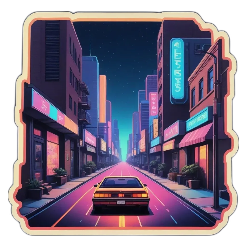 A sticker of a car on a city street with buildings on either side.