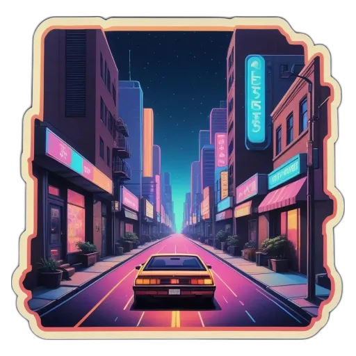 A sticker of a car on a city street with buildings on either side.