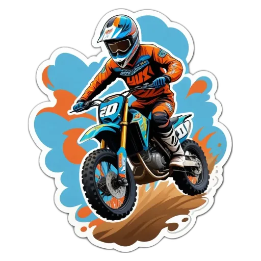 A colorful sticker of a man on a motorcycle doing a wheelie.