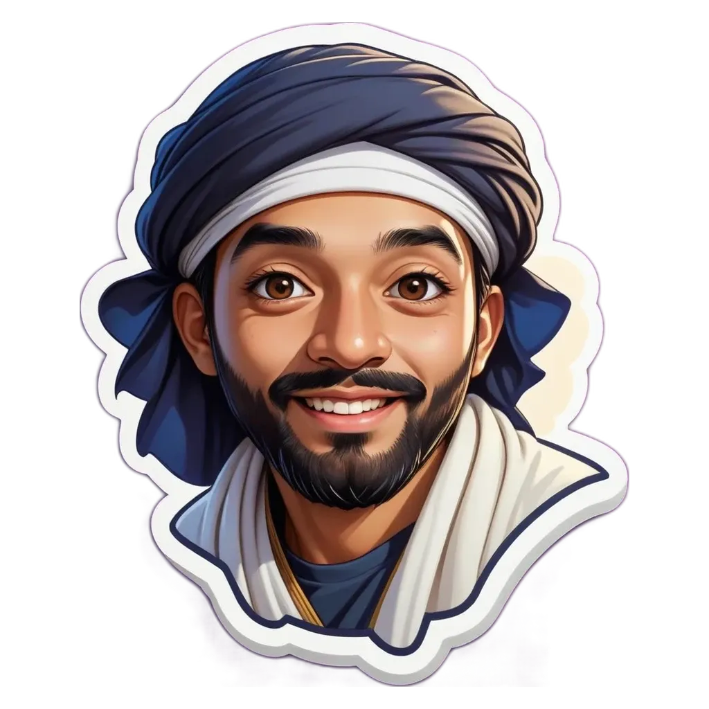 A sticker of a man with a scarf and a mustache.