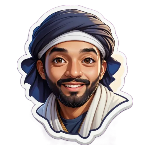 A sticker of a man with a scarf and a mustache.