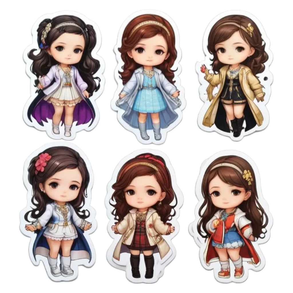 A group of small girl stickers in different outfits.