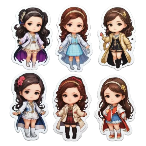 A group of small girl stickers in different outfits.