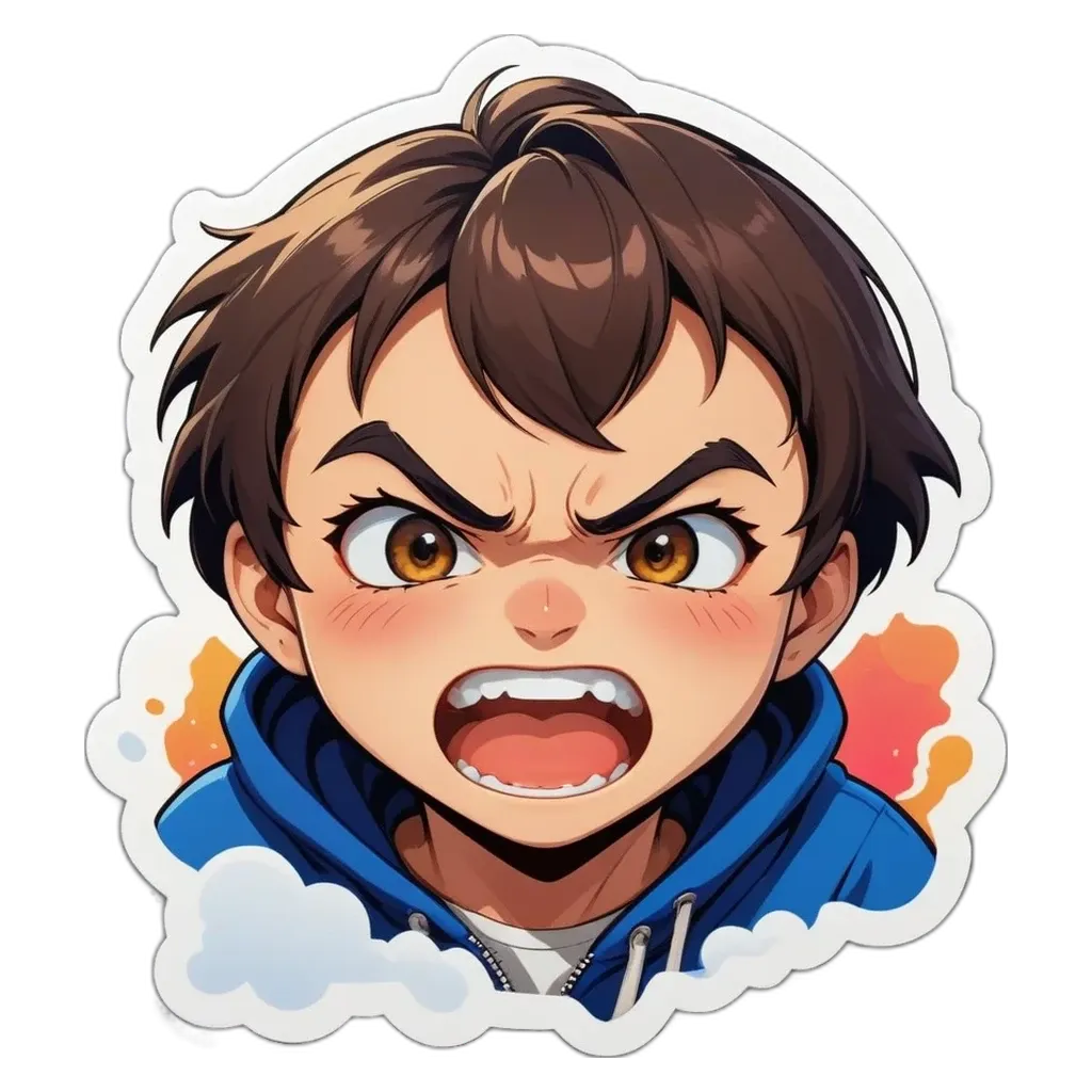 A boy with a sticker on his face that is yelling.
