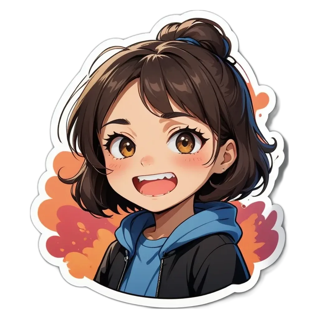 A girl with a black and blue jacket and a black and white background.