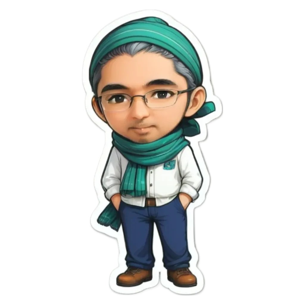 A boy wearing a white shirt and blue jeans with a green scarf.