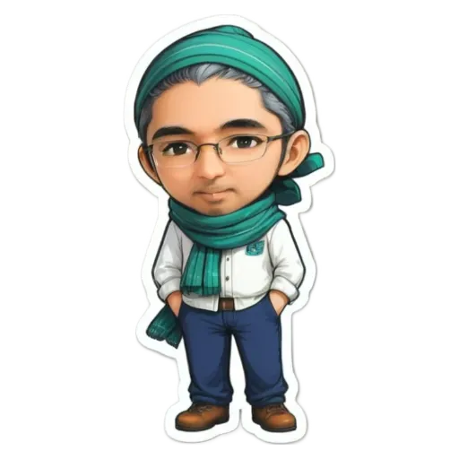 A boy wearing a white shirt and blue jeans with a green scarf.