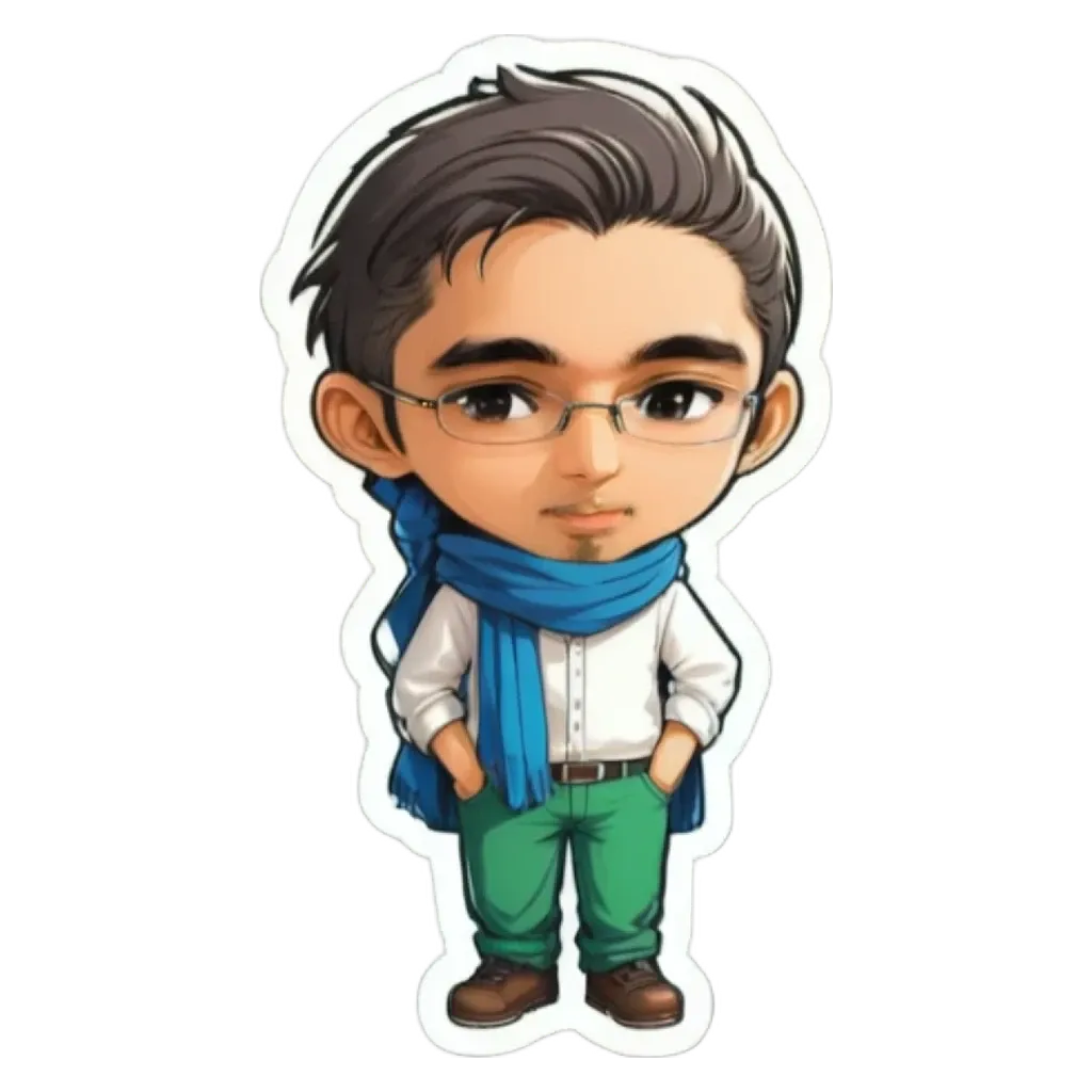 A boy wearing glasses and a blue scarf is standing up.