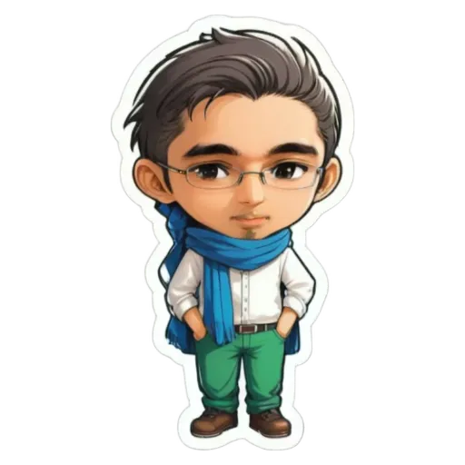 A boy wearing glasses and a blue scarf is standing up.