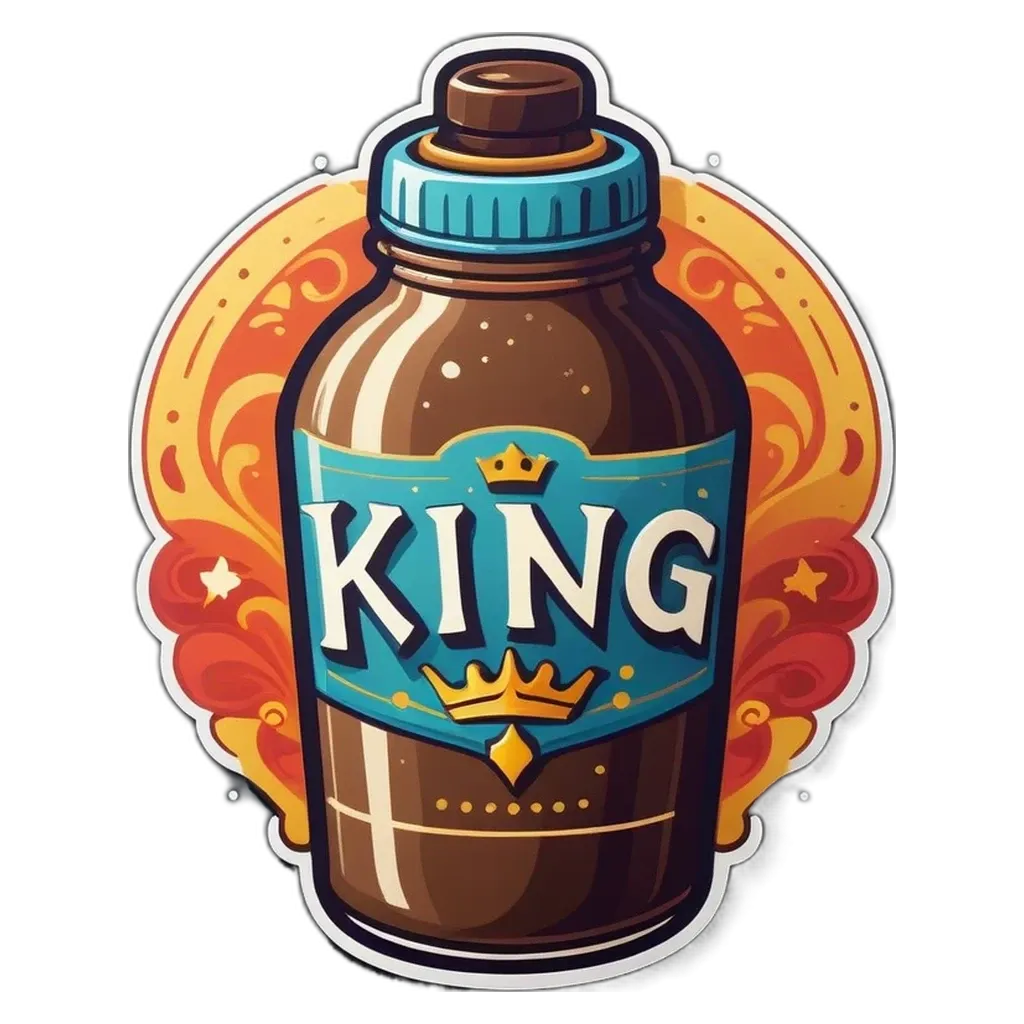 A King bottle with a blue and gold label.